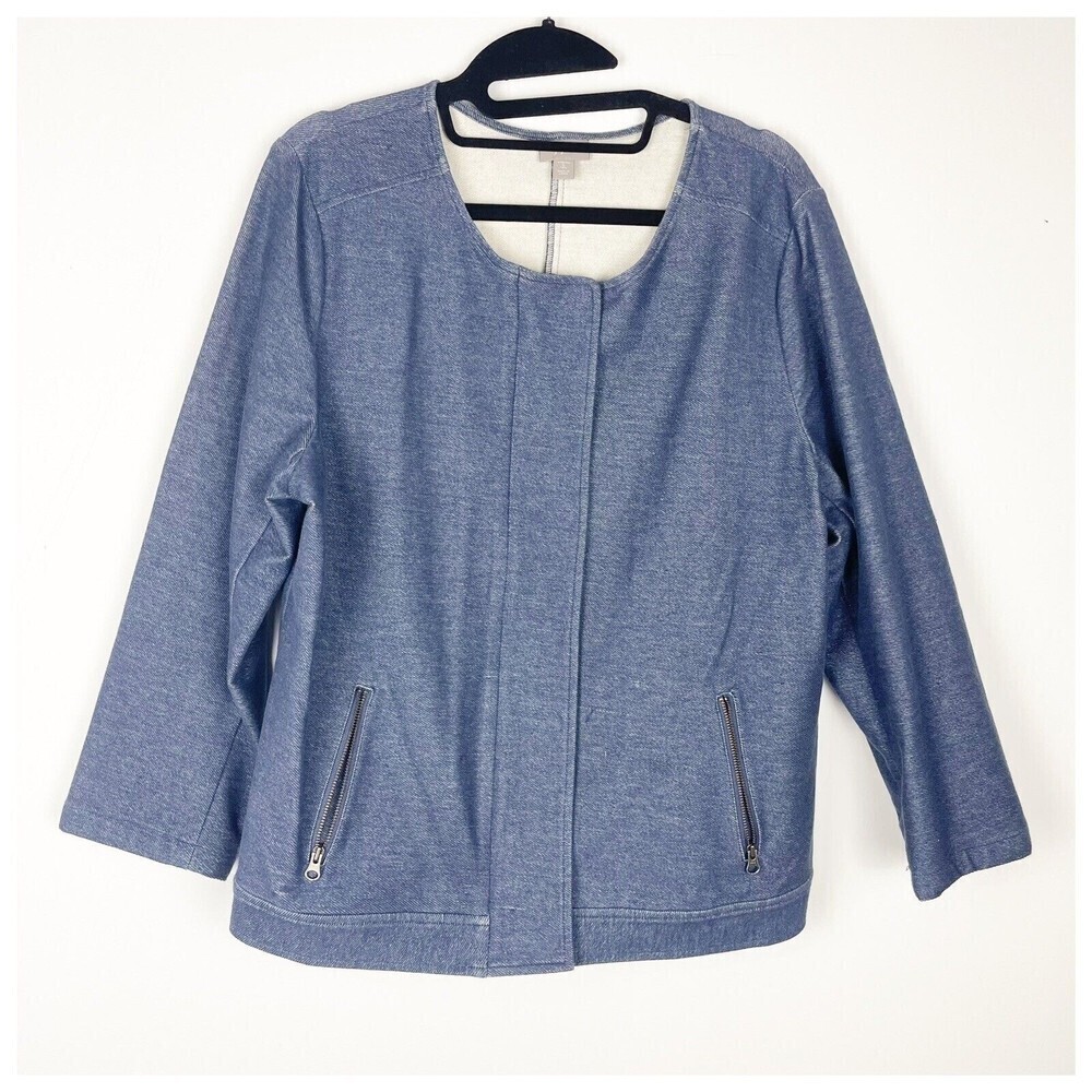 J. Jill Jacket Top large Indigo Blue Snaps Over Zip Front Boxy Fit Plush Back